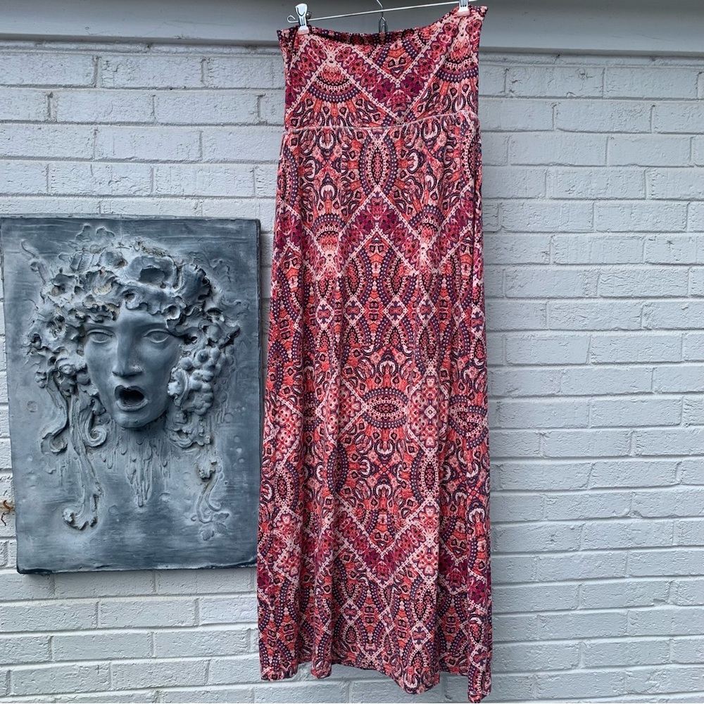 Aztec Maxi Skirt Foldover Waist-Salmon/Plum/Black